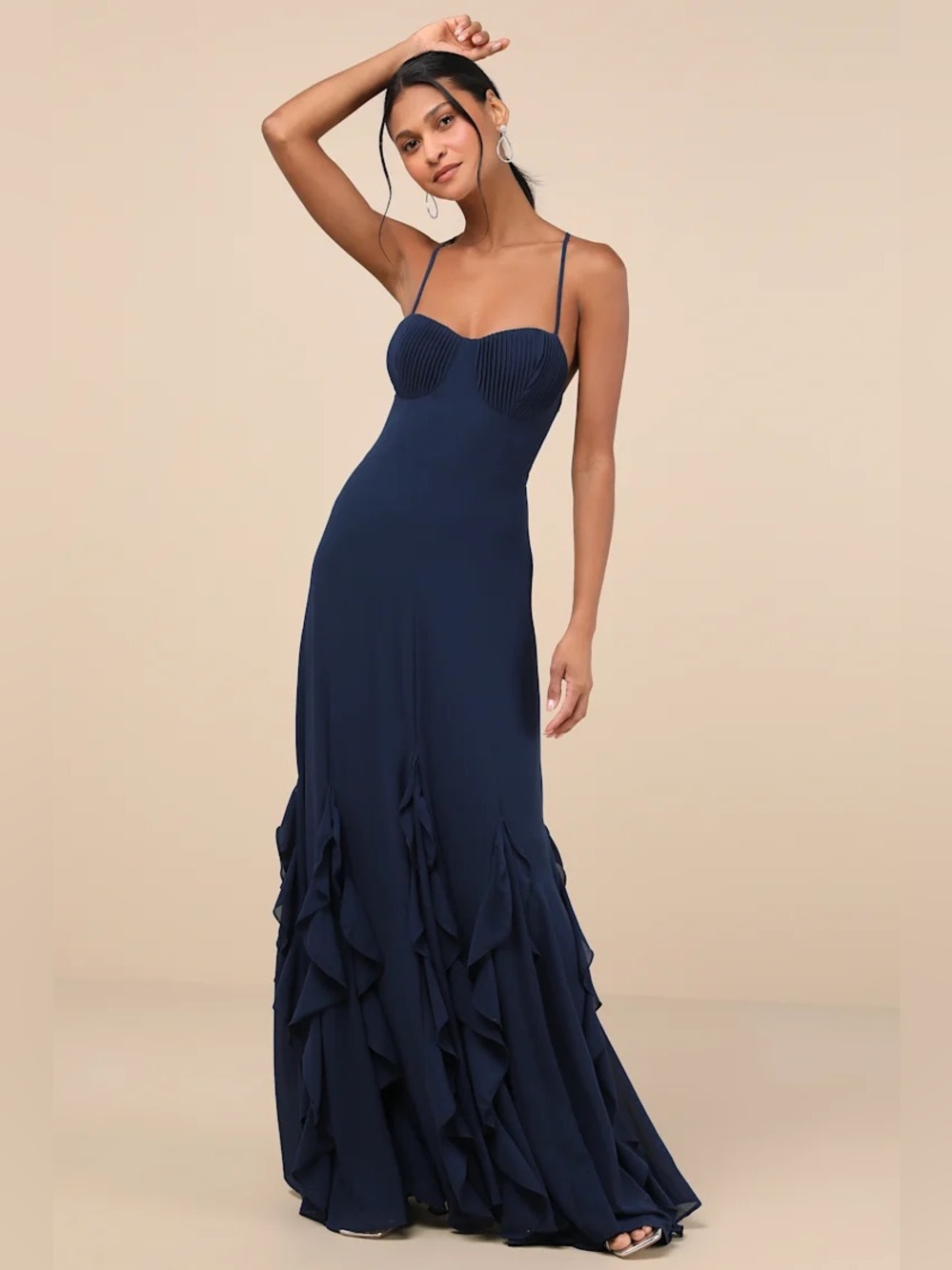Lulus Priela Dark Navy Ruffled Lace-Up Maxi Dress Evening Gown S NWT Prom Party